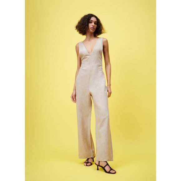 Zara Linen Wide Straight Leg Long Jumpsuit Overalls High Rise Waisted V-Neck XS - Picture 10 of 10